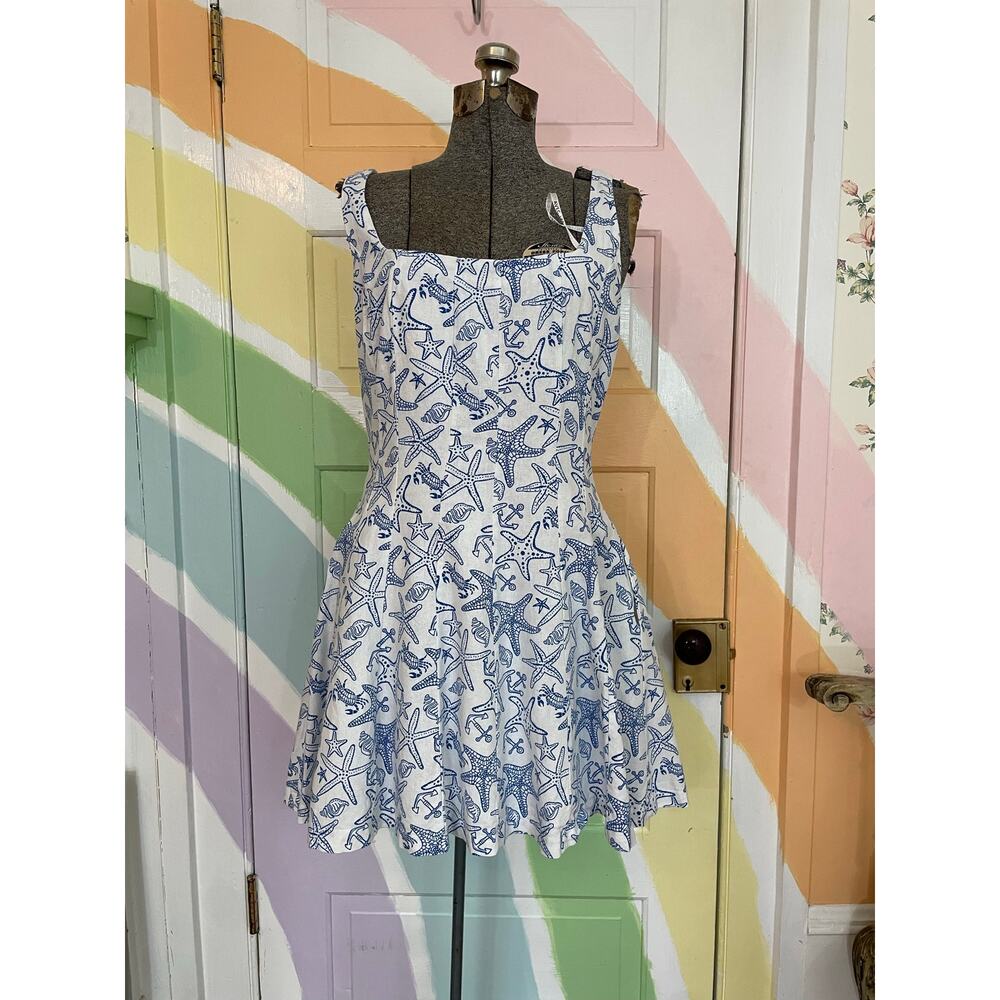 Avec Les Filles Linen Blend Nautical Starfish Dress Womens 10 Coastal